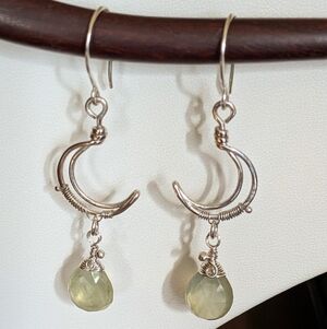 Sterling Silver Moon Earrings Artisan Crafted With Green Prehnite Gems